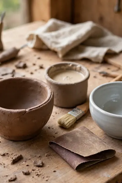 Clay bowl with a hairline rim crack beside repair supplies
