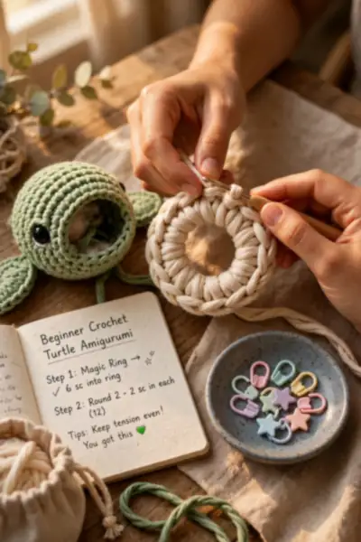 Hands making crochet magic ring with stitch markers
