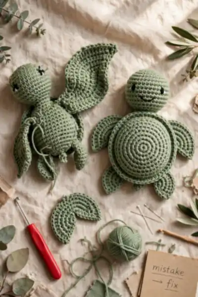 Lopsided turtle next to perfect one with seam ripper