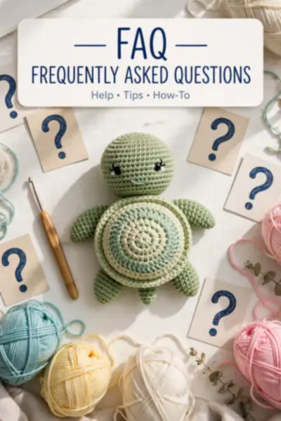Crochet turtle with question mark cards FAQ flat lay