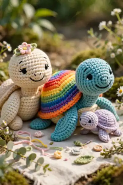 Three customized crochet turtles with flower and stripes