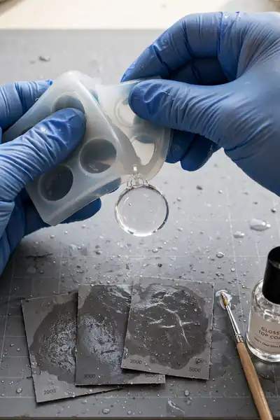 Gloved hands flexing a silicone mold to release a clear resin pendant