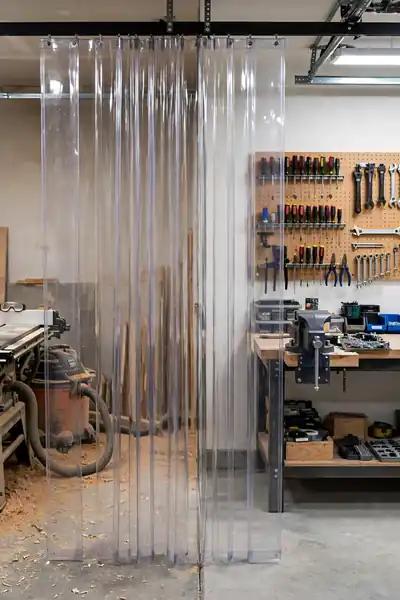 Plastic curtain dividing dusty and clean zones