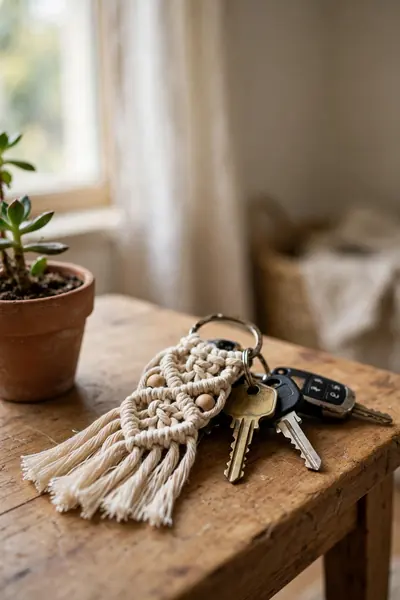 Macrame keychain attached to keys on entryway table