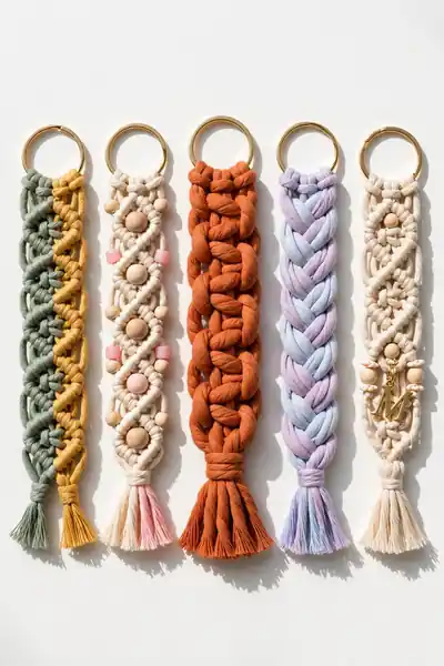 Five macrame keychain variations lined up