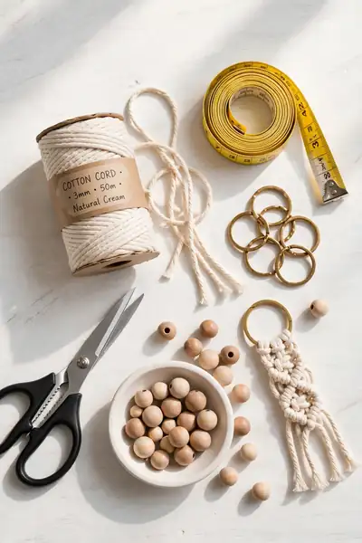 Macrame keychain supplies flat-lay on white table