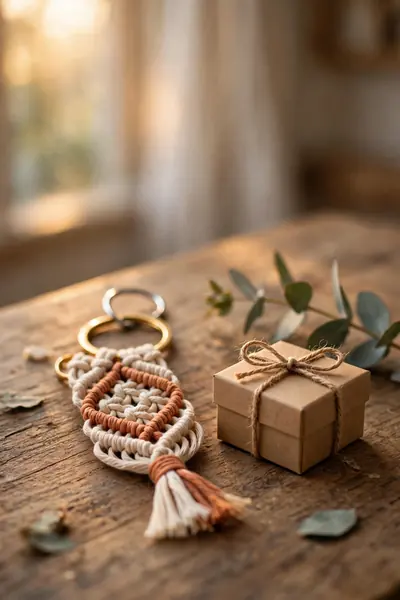 Finished macrame keychain beside kraft gift box