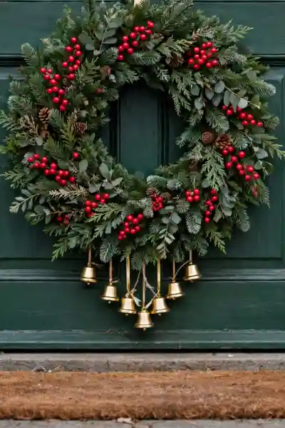green wreath with gold bells on door