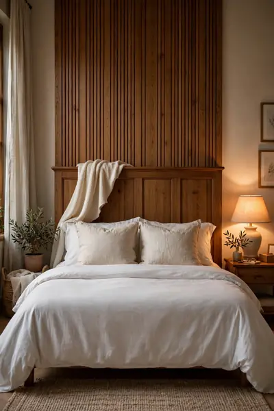 Ivory throw blanket draped over a wooden headboard