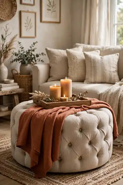 Terracotta throw draped over a tufted ottoman