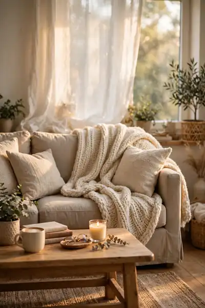 Cream knit throw blanket draped over a sofa back