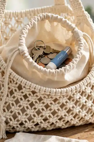 Cotton drawstring pouch inside a macrame tote holding keys and coins