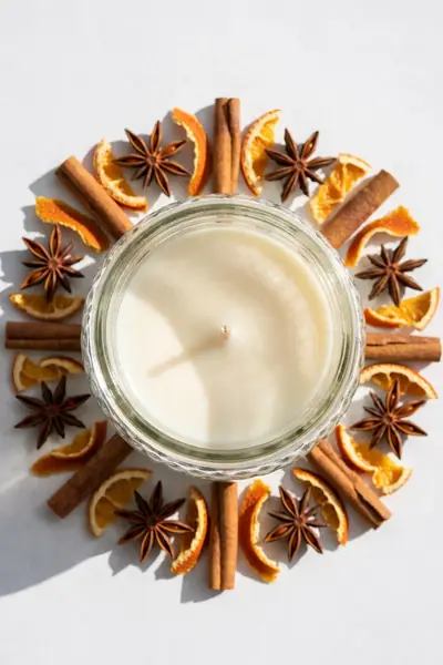 Dried cinnamon, star anise and orange peel arranged around a jar candle