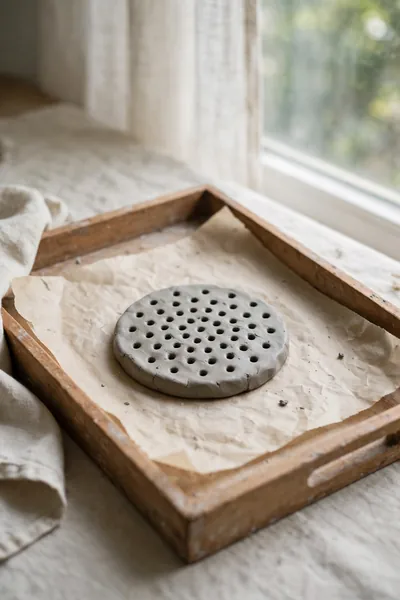 Clay flower frog drying near window