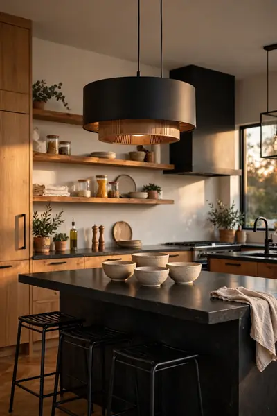 Dual layer drum pendant in black and wood
