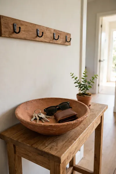 Wide shallow clay bowl holding keys and sunglasses