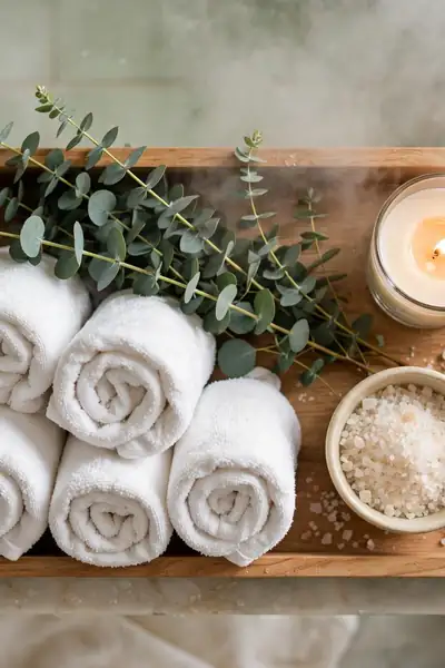 Spa tray with fresh eucalyptus and rolled towels