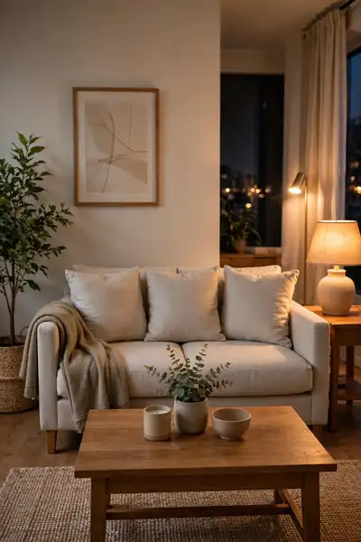 Living room being reset with plumped cushions and warm lamps
