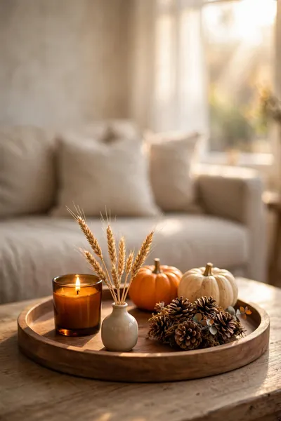 Fall tray with candles and pumpkins on coffee table