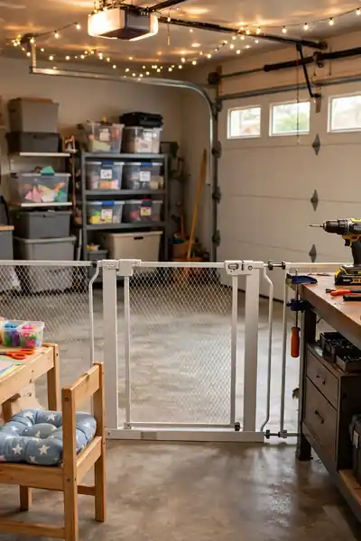 Kid craft table and adult workbench zones