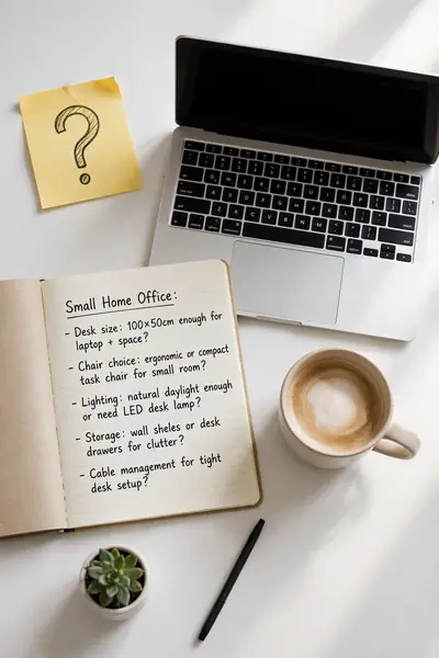 Question note beside a laptop on a desk