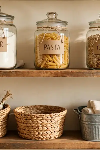 Organized farmhouse pantry with glass jars