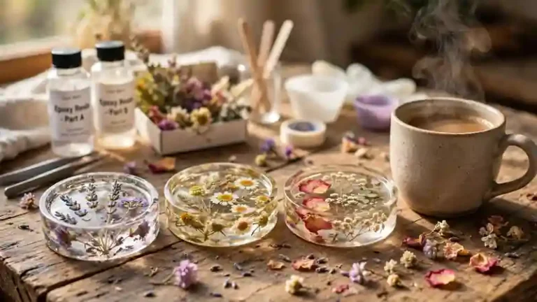 diy resin coasters with dried flowers glowing on a rustic table