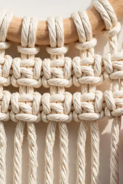 Two tight rows of square knots forming a firm band below a wooden ring