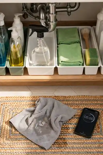 Quick monthly tidy of an organized under sink cabinet