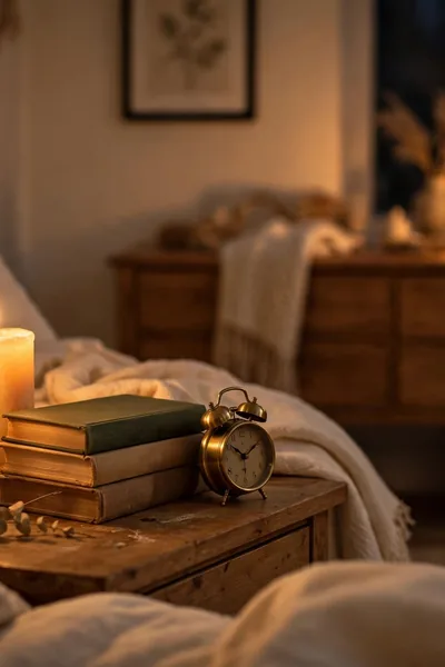 Flickering flameless candles on a nightstand and dresser