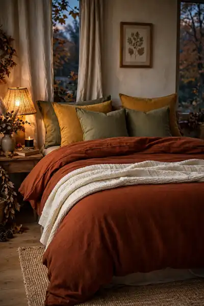 Rust flannel duvet cover on fall bed