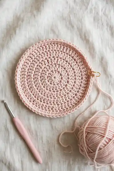Flat crochet crown circle in blush yarn with a stitch marker