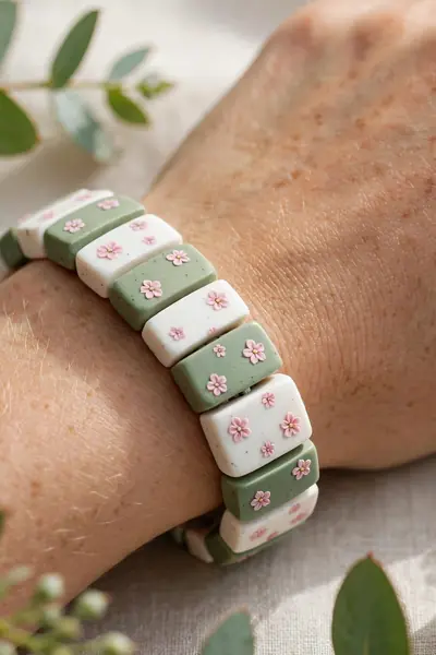 Floral slab-cut clay bead bracelet