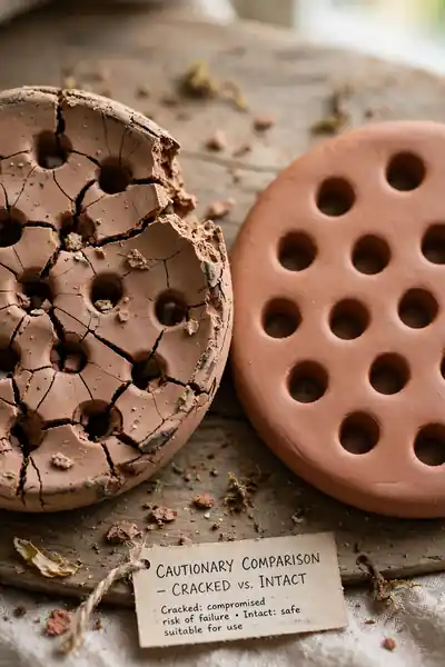 Cracked versus perfect clay flower frog