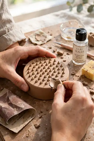 Repairing clay flower frog with fresh clay