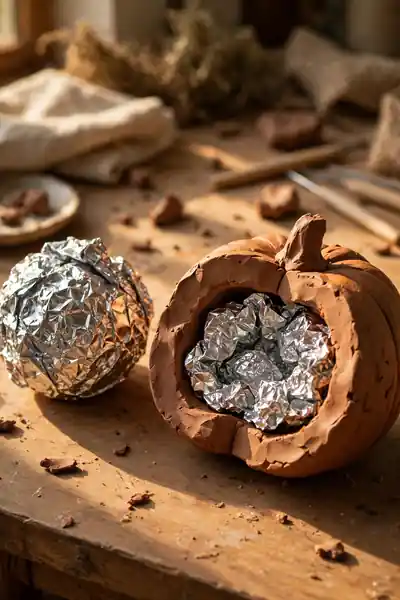 foil core inside a thick clay shape cut open