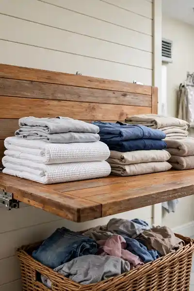 wall mounted fold down table with folded clothes