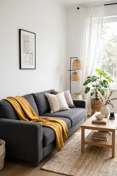 Mustard throw folded diagonally across a sofa corner