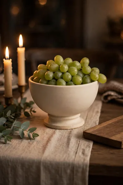 Footed clay bowl on a ring base holding green grapes