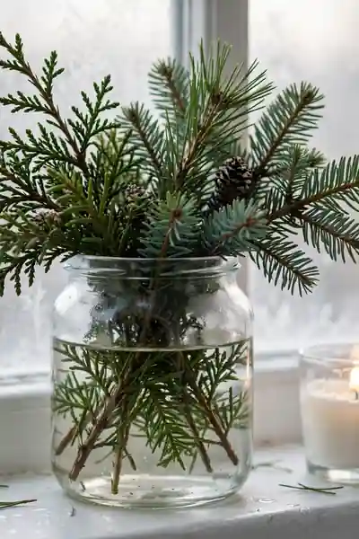 Evergreen sprigs in jar on windowsill