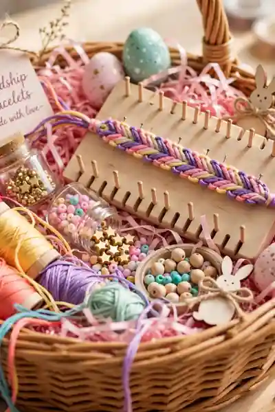 Friendship bracelet Easter basket with beads and thread