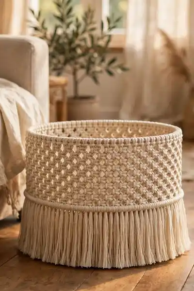 macrame basket with brushed fringe trim