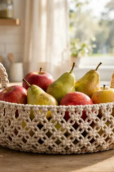 low macrame fruit basket with two handles