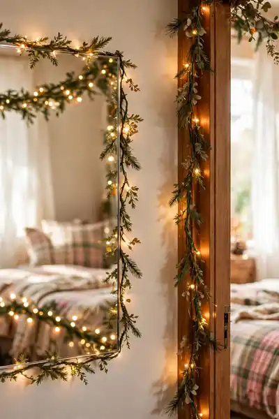 Lit garland framing a mirror and the bedroom door