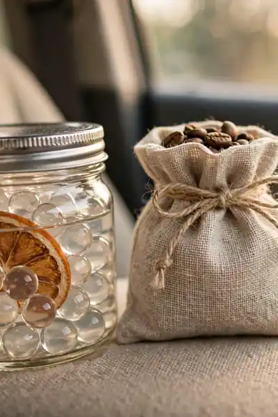 Gel bead jar and coffee pouch in a car