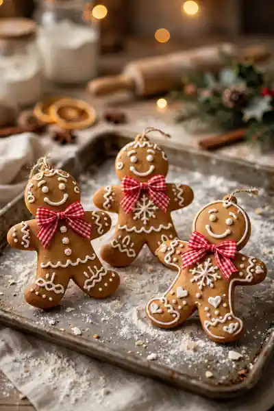 Gingerbread man ornaments on baking sheet
