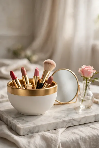 White clay bowl with gold painted rim holding lipsticks