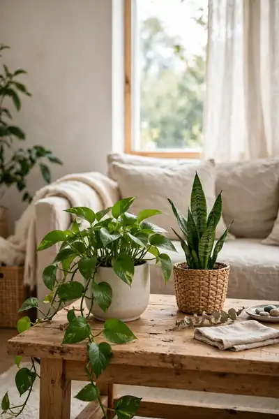 Pothos and snake plant thriving on a coffee table indoors