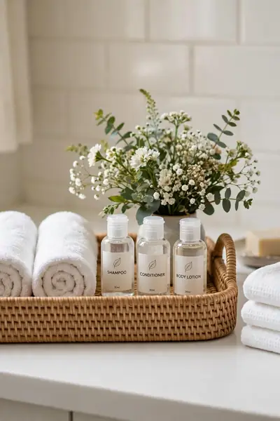 Guest bathroom tray with rolled towels and mini toiletries