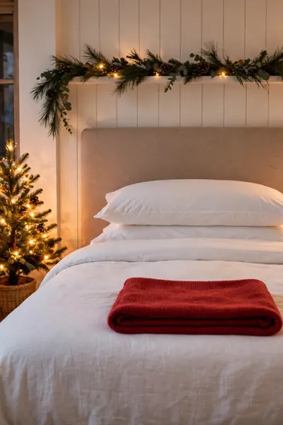 Guest bed with red throw carafe mini tree and spare blanket